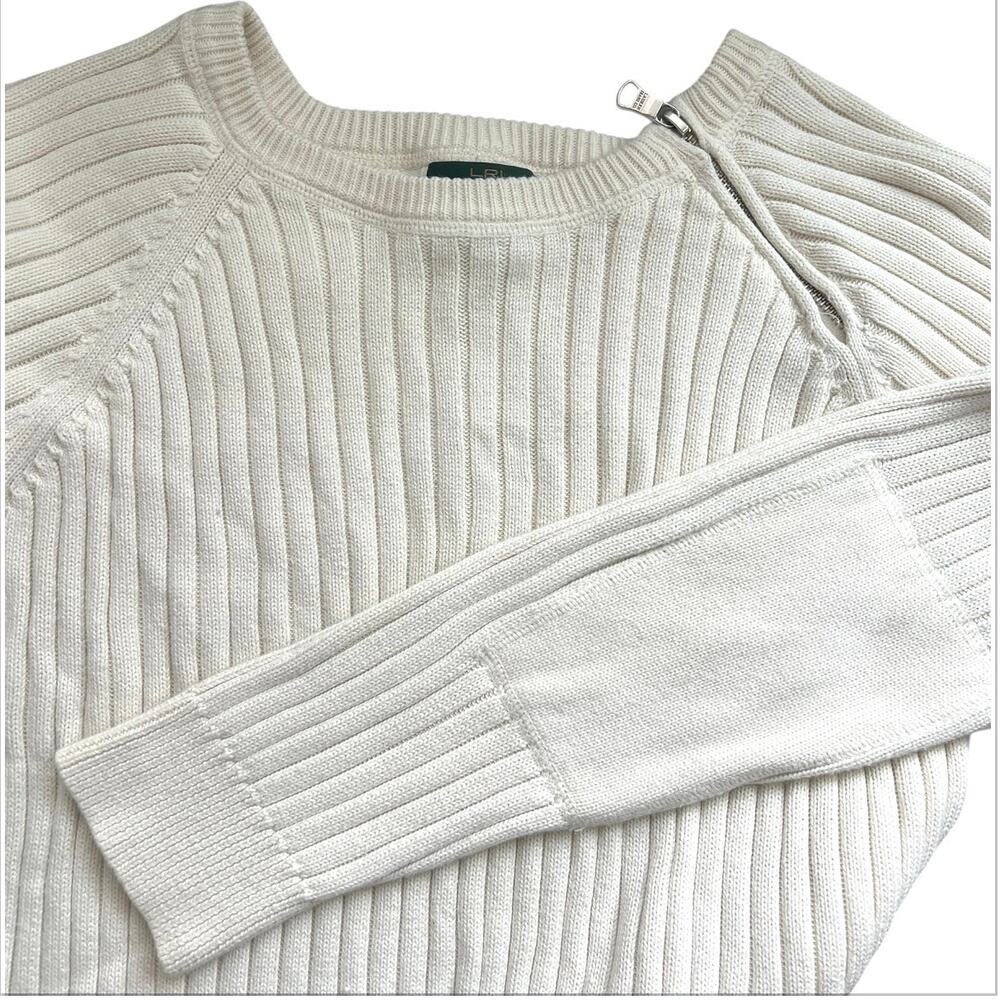 Lauren Ralph Lauren Crewneck Ribbed Zip-Shoulder Sweater Cream preppy cotton - Picture 2 of 7